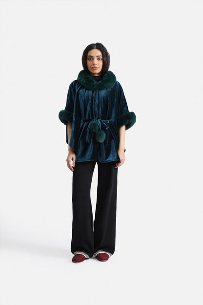 Velvet Fur-Trim Cape