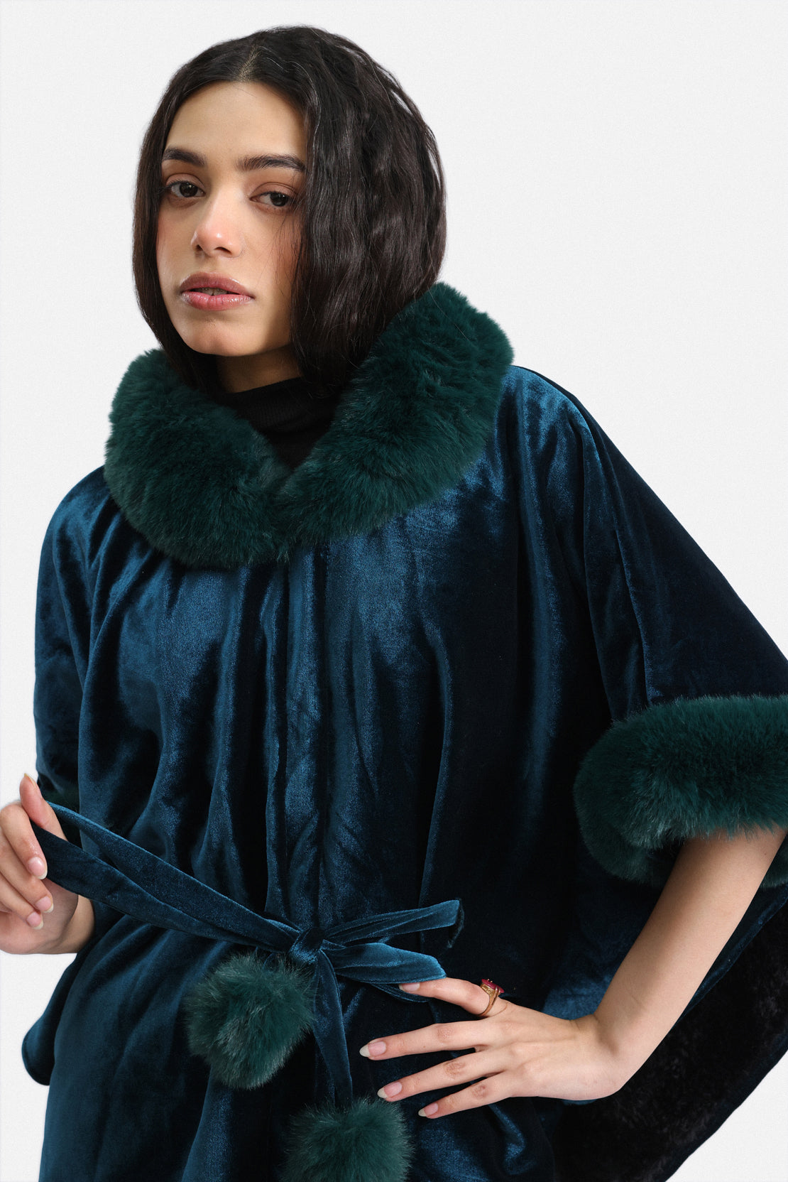 Velvet Fur-Trim Cape