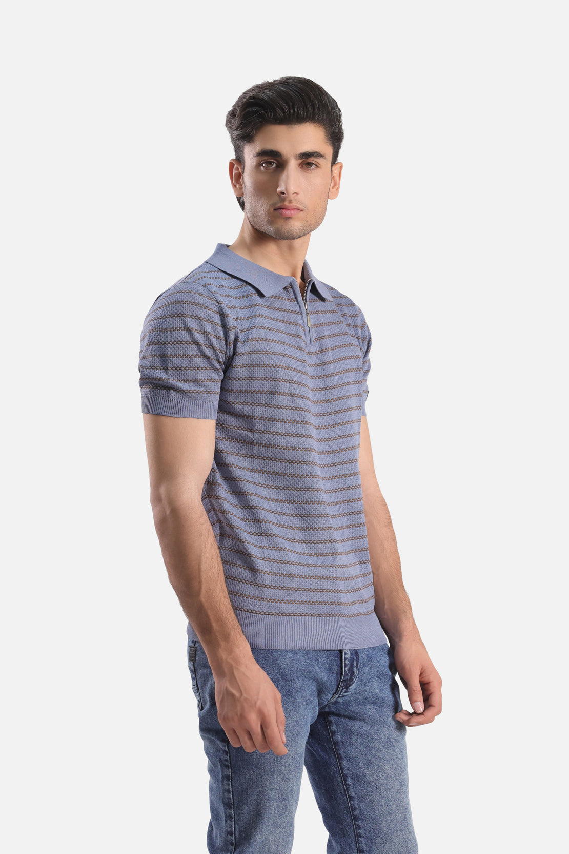 striped Quarter Zip-Up Polo Shirt