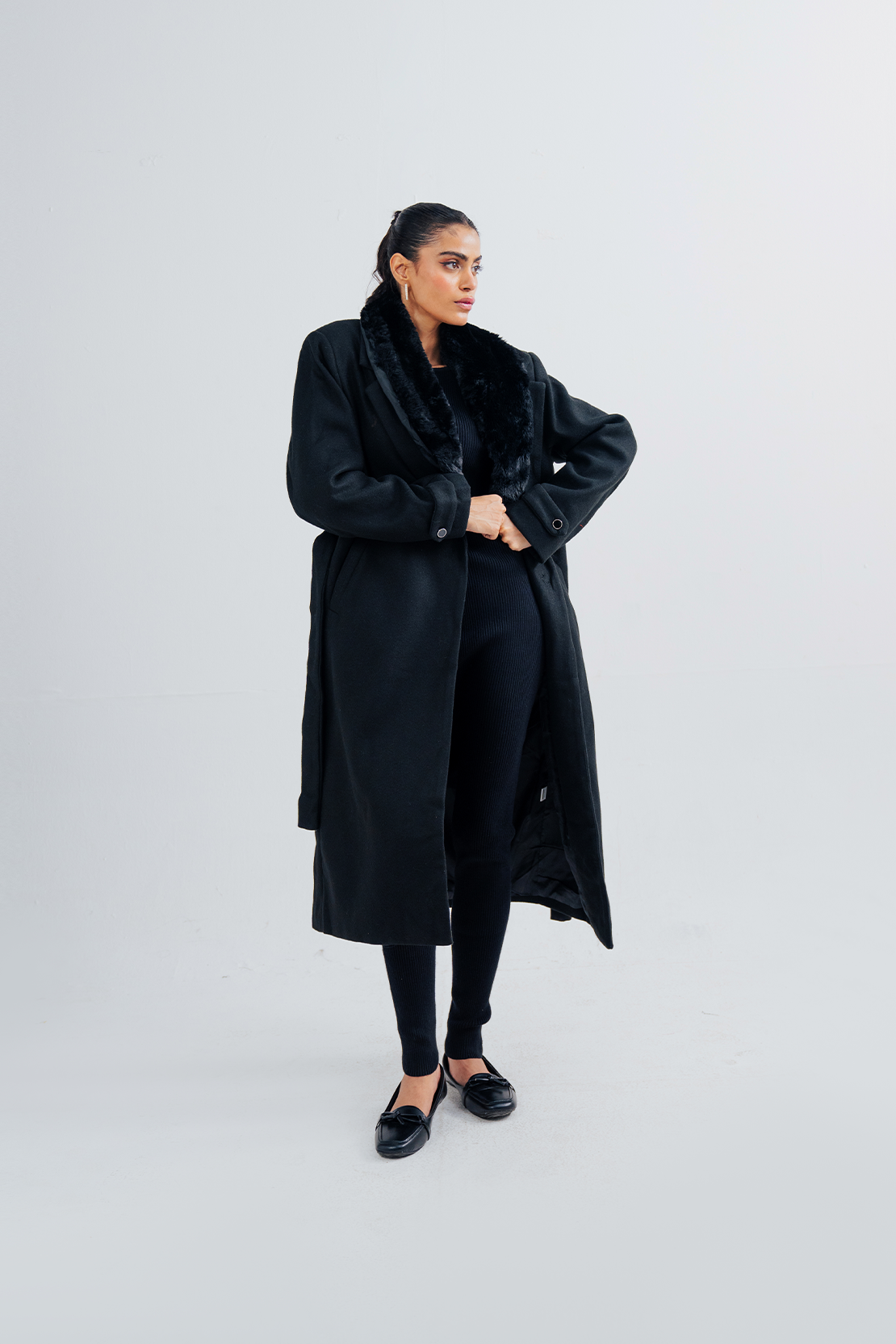 Ladies Fur Collar Long Coat
