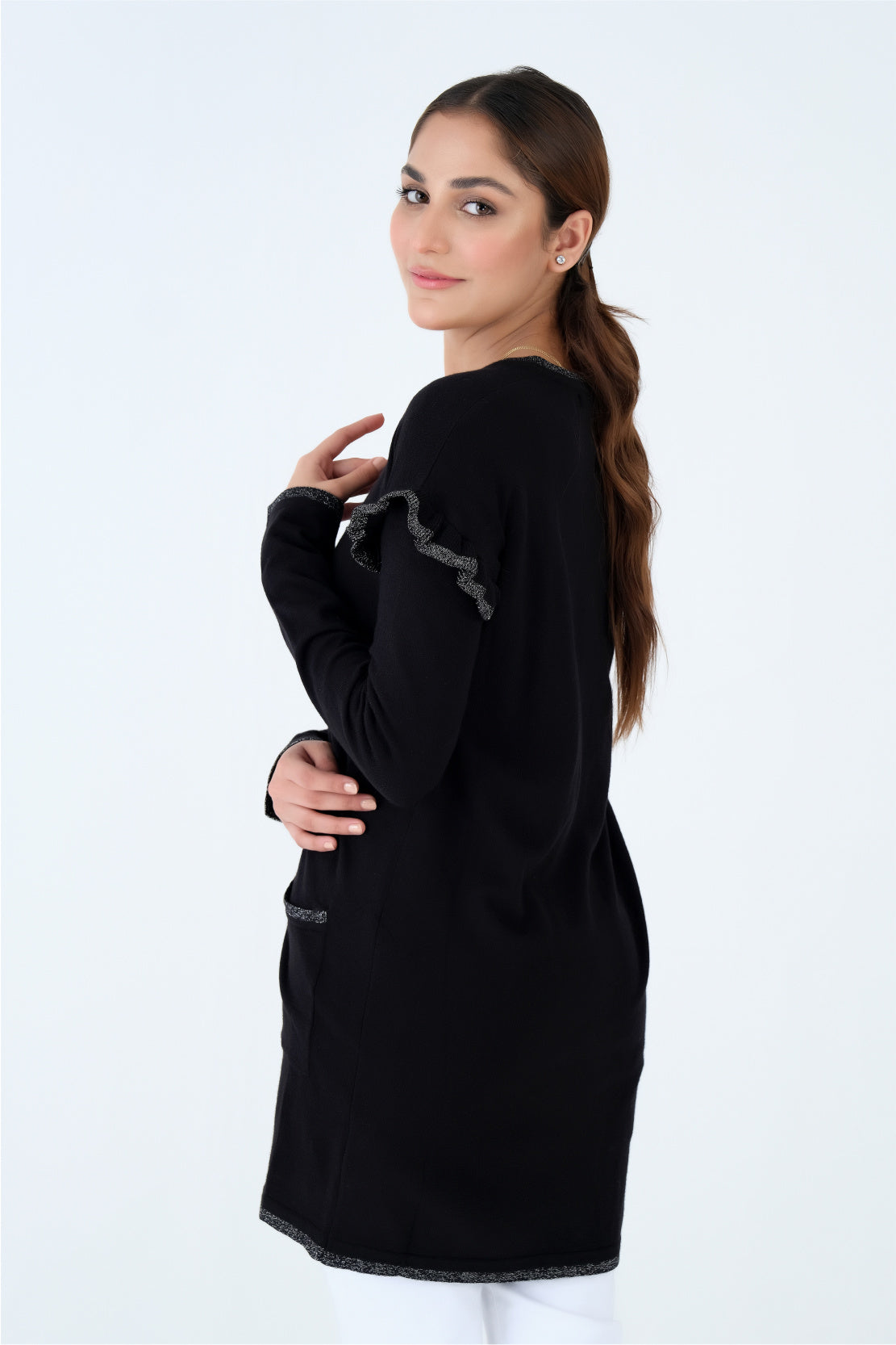 Button Front Black Solid Cardigan