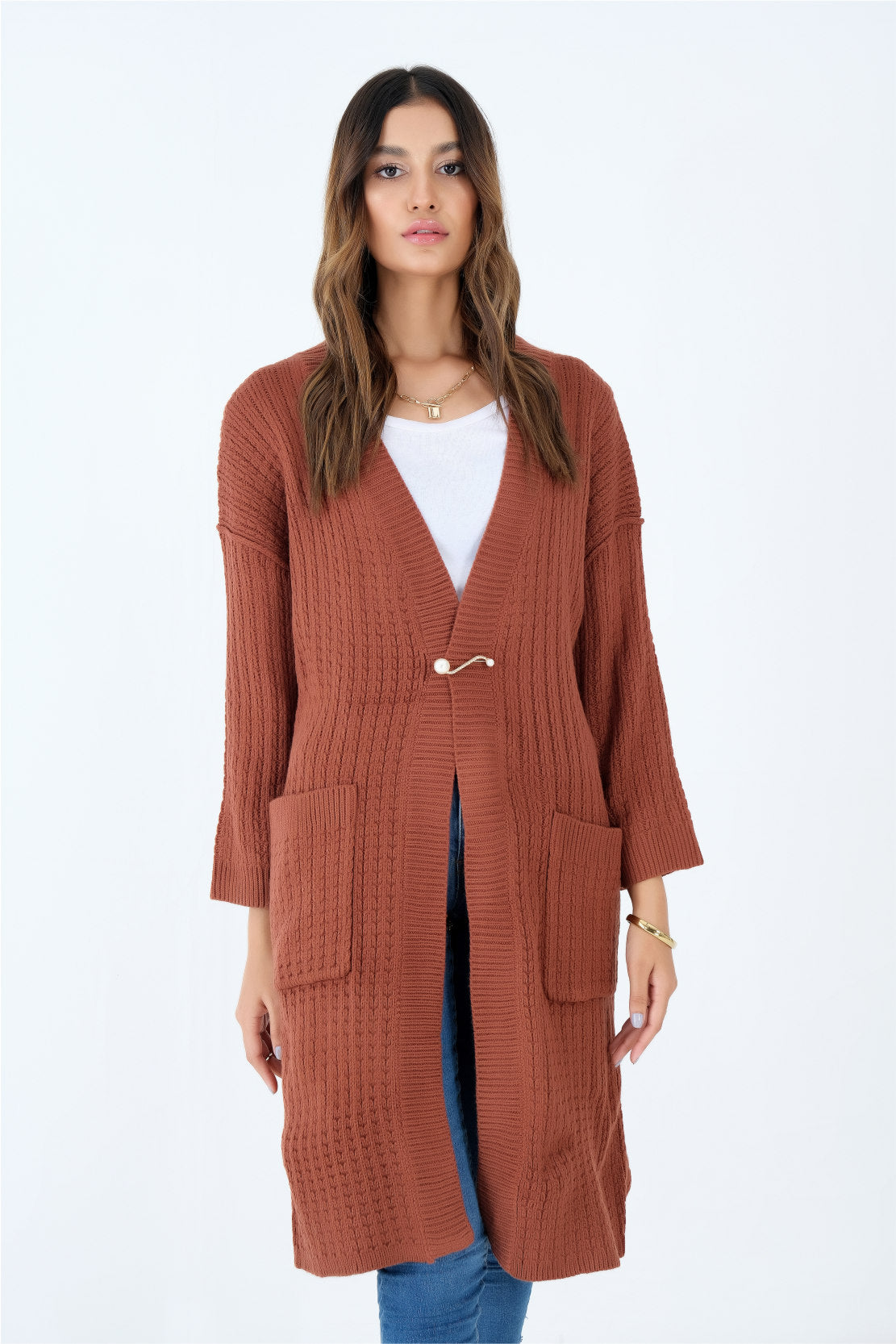 Knitted Solid Cardigan - Brown
